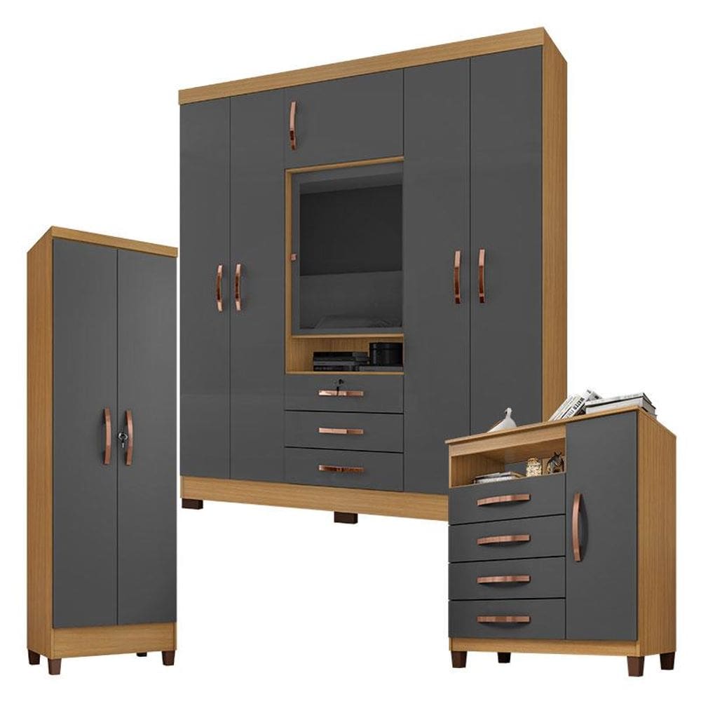 Guarda Roupa Casal Imperial com Cômoda Sapateira Cannes e Armário Multiuso Egito Carvalho Americano Grafite - Incorplac