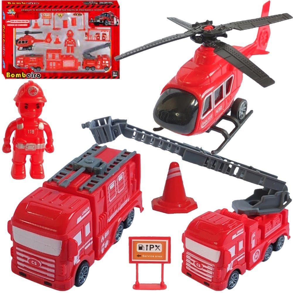 Carrinho Caminhões Fricção Brinquedo Bombeiro Kit 13 Itens