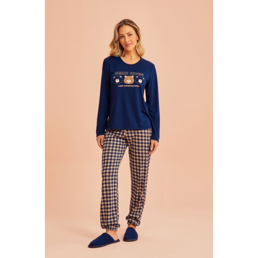 Pijama Feminino Em Meia Malha Urso Xadrez
