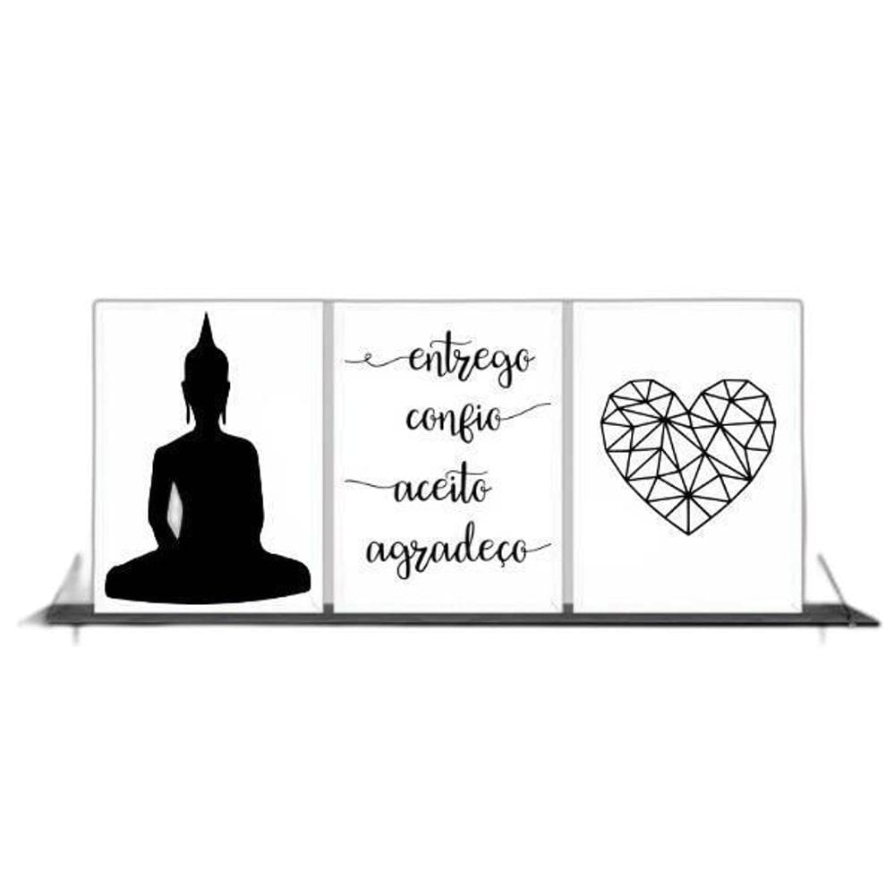 Kit 3 Quadros Buda Mantra Coração 33X24Cm Moldura Branca