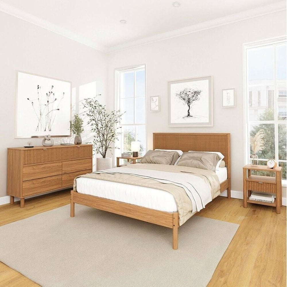 Conjunto Cama Casal com 2 mesas de cabeceira e Cômoda Oiti CabecasaMadeiraMadeira Marrom
