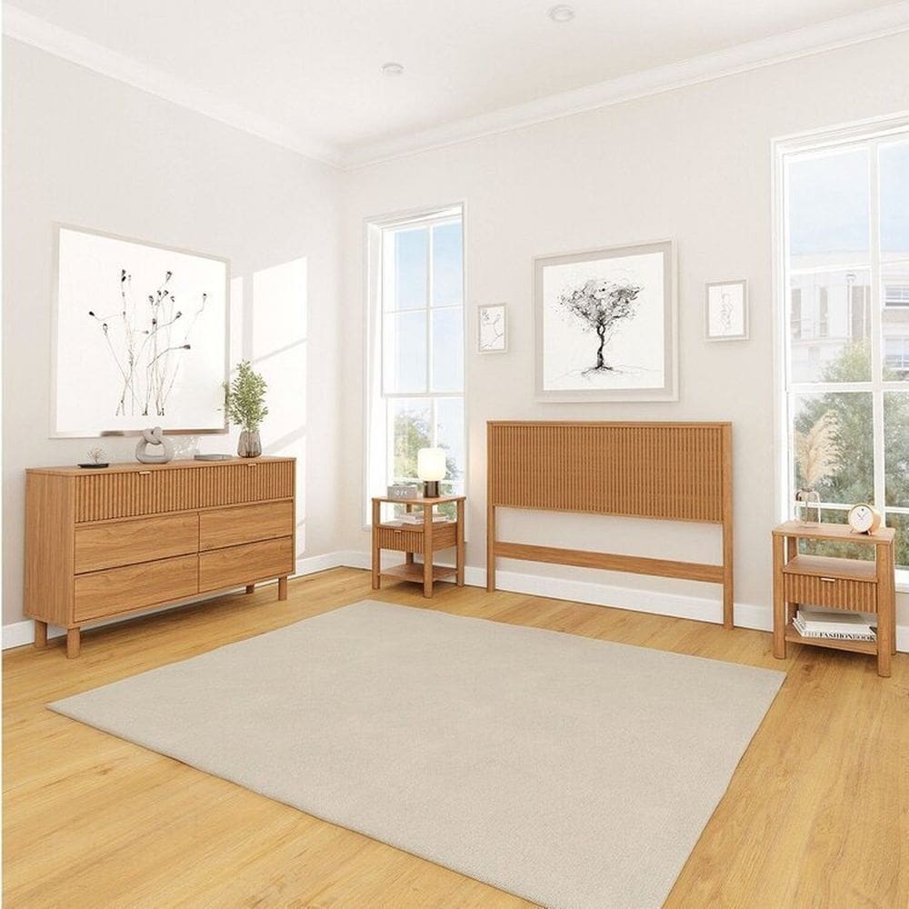 Conjunto Cabeceira Casal com 2 Mesas de Cabeceira e Cômoda Oiti Cabecasa MadeiraMadeira Marrom