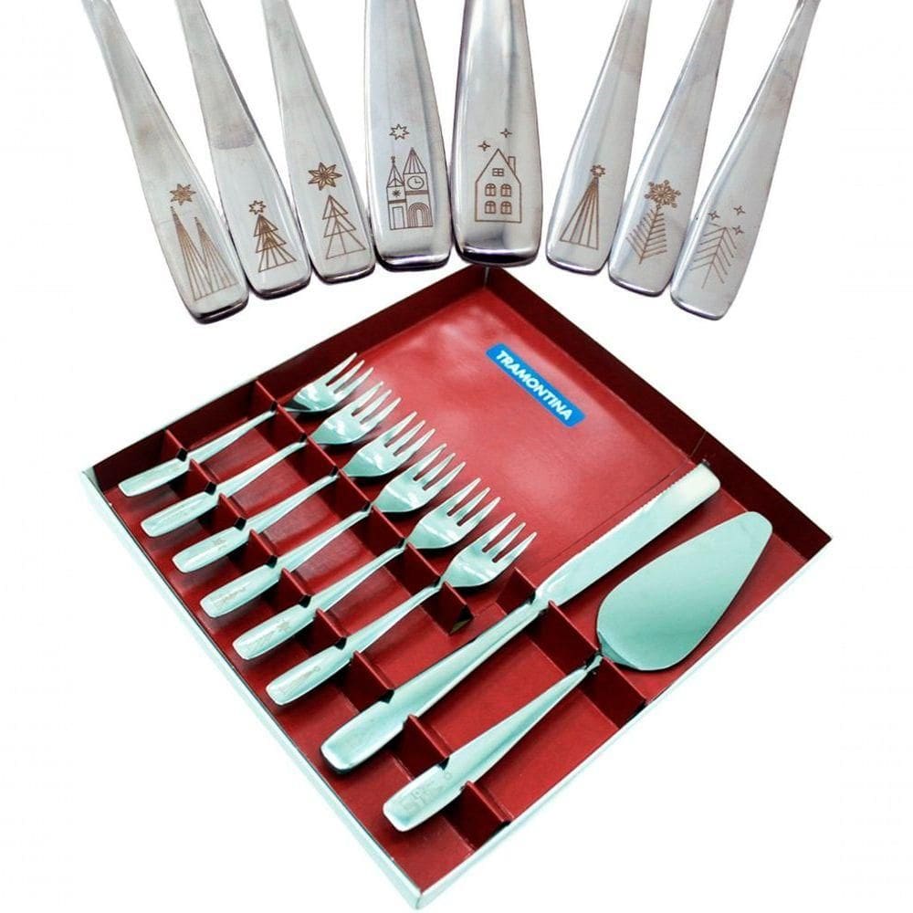 Jogo Para Torta Talheres Natalino Tramontina Inox Natal 8pçs