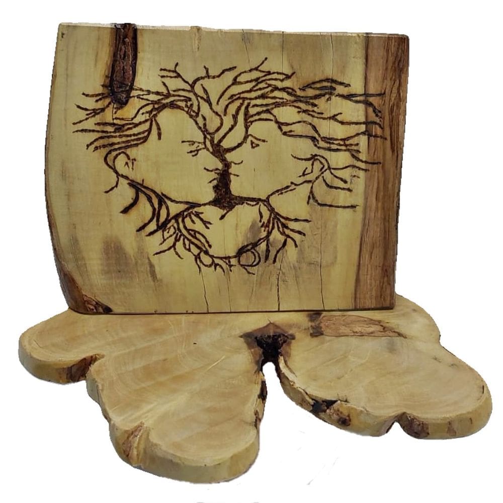 Quadrinho Rústico de Mesa Pirografado Casal Árvore