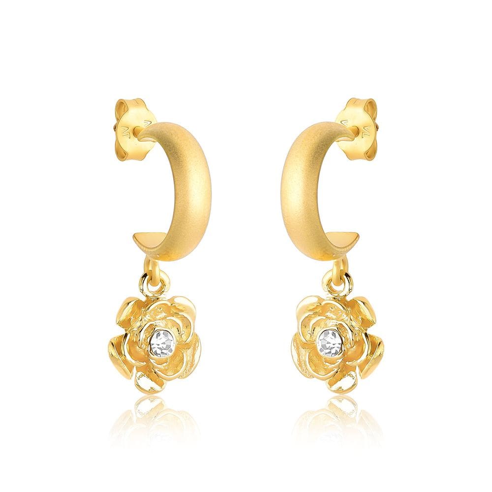 Brinco Meia Argola Flor Revestido em Ouro