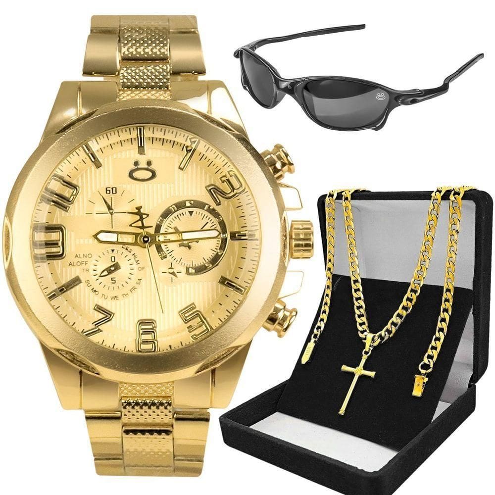 Relogio Masculino Dourado Aço Inox + Cordão + Oculos Sol Presente Ouro Proteção Uv Casual Social