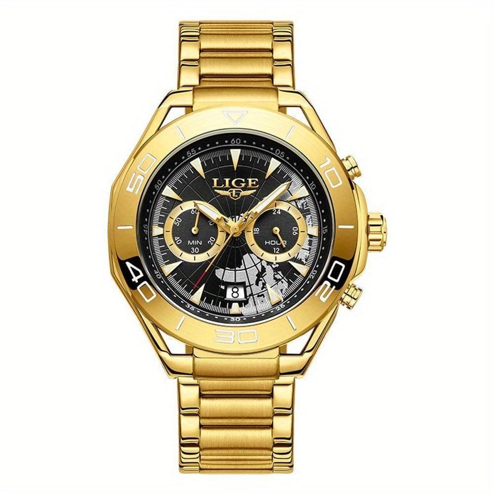 Relógio De Quartzo Para Homens Multifuncional Estilo Casual Com Pulseira De Aço Inoxidável Dourado