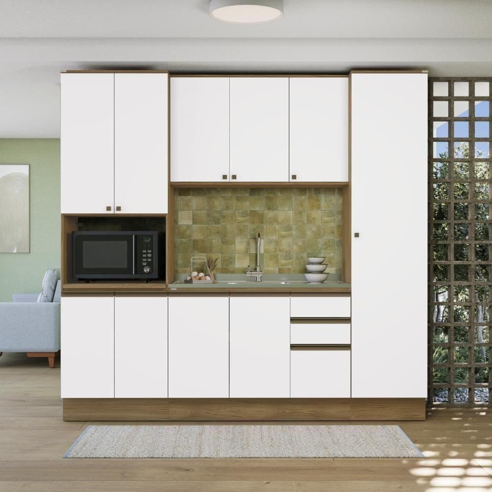 Cozinha Compacta Com Kit Forno Celeste Kappesberg 100% MDF Nogueira/Branco 240cm