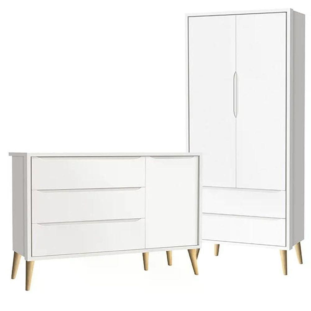 Guarda Roupa 2 Portas E Cômoda Com Porta Theo Branco Fosco Pés Madeira Natural Reller Móveis Branco Fosco