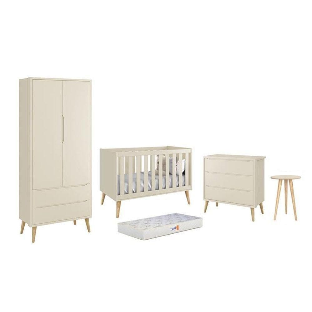 Dormitório Theo 2 Portas, Mesa De Canto Areia Fosco Com Pés Madeira Natural E Colchão D18 Reller Móveis Areia Fosco