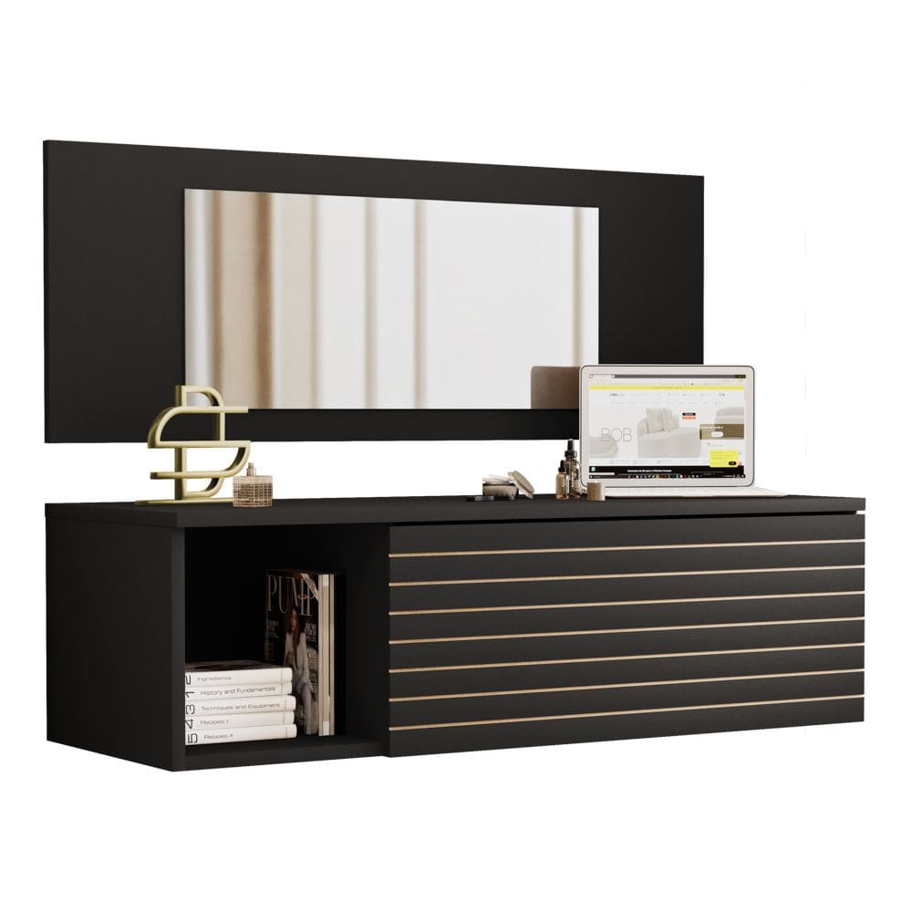 Penteadeira Para Maquiagem Jolly com Bancada Suspensa 01 Gaveta e Espelho Preto - Desk Design