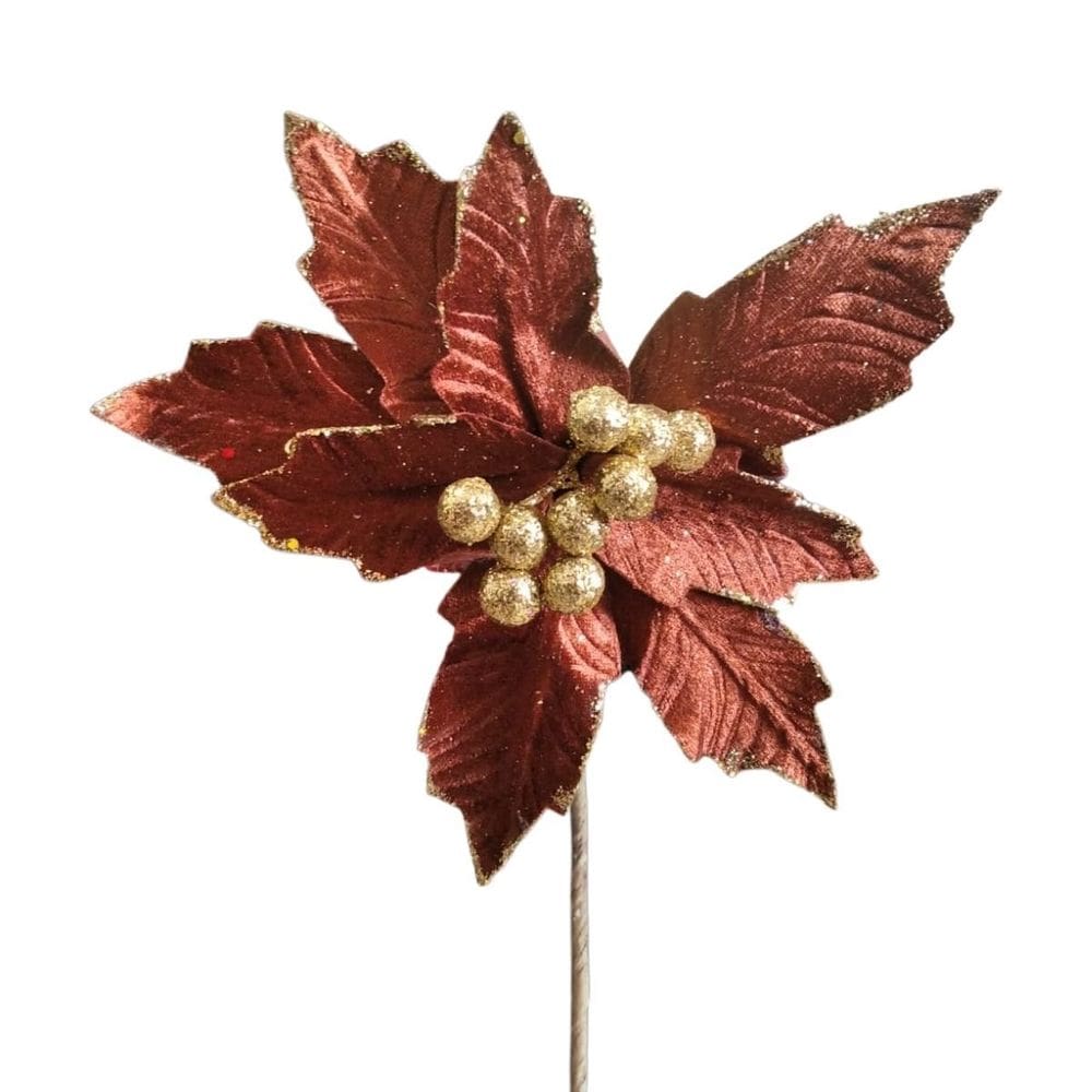 Flor Decorativa Poinsetia Ouro Velho com Glitter 43cm - 1 Unidade