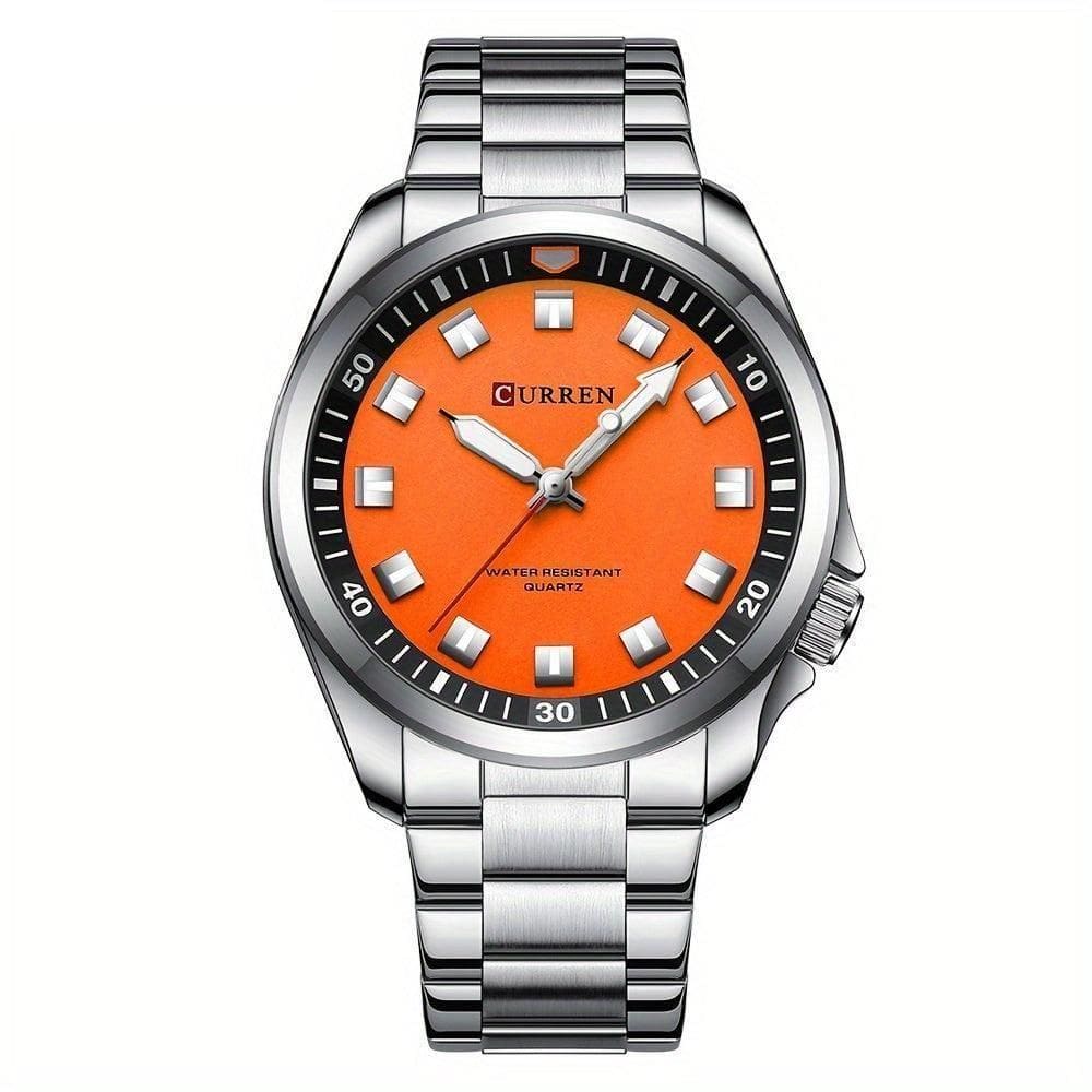 Relógio De Quartzo Masculino Pulseira De Aço Inoxidável Resistente à água 30m Esportivo Prata Laranja