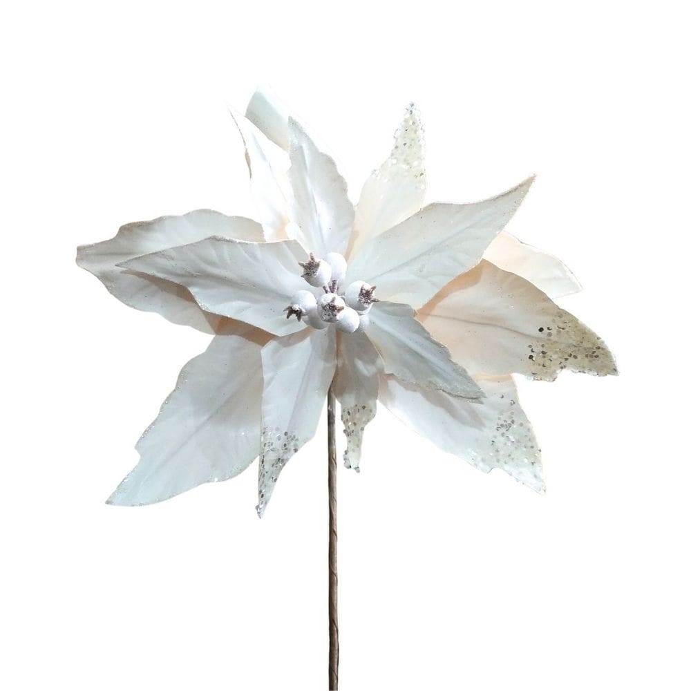 Flor Decorativa Poinsetia Branca com Glitter Tecido - 1 Unidade
