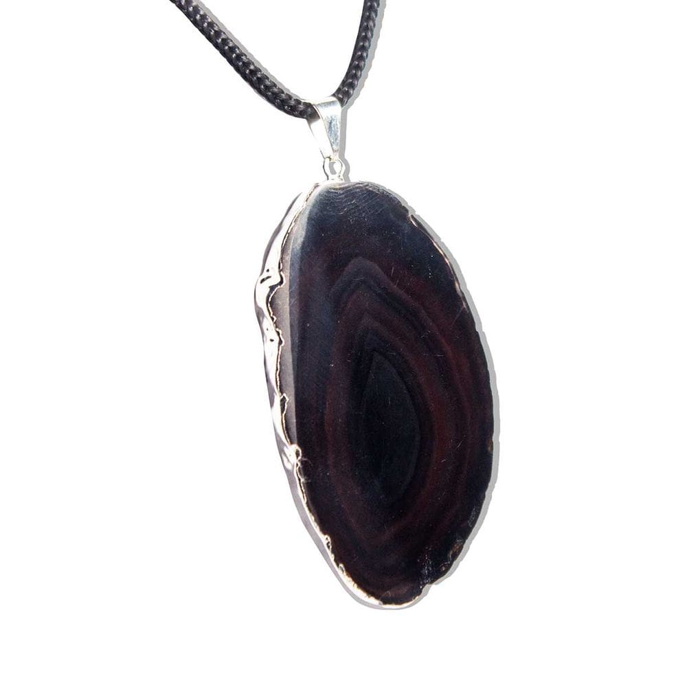 Colar Chapa de Ágata Negra Pedra Natural Envolto Prateado