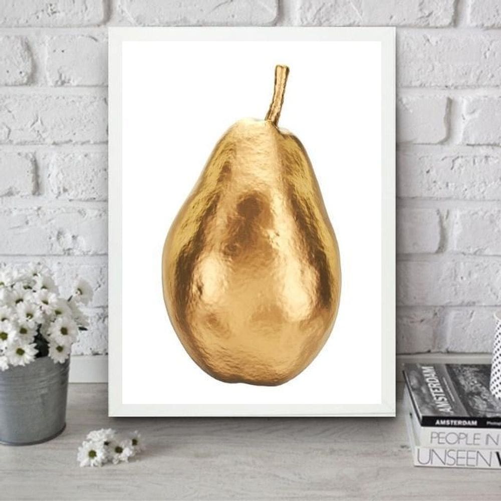 Quadro Para Cozinha Pera Dourada 33X24Cm - Com Vidro