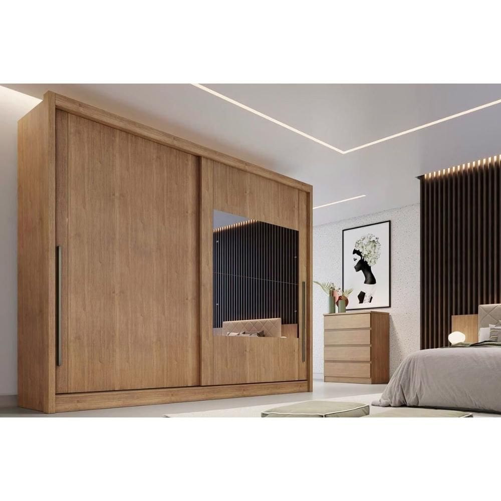 Guarda Roupa Casal 2 Portas de Correr (1 c Espelho) e 6 Gavetas Mônaco/Catânia Cumaru - Novo Horizonte