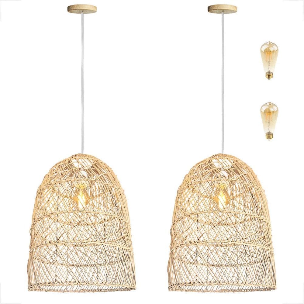 Kit 2 Pendente Rattan Fibra Natural Vime Bancada Nat72 + Led