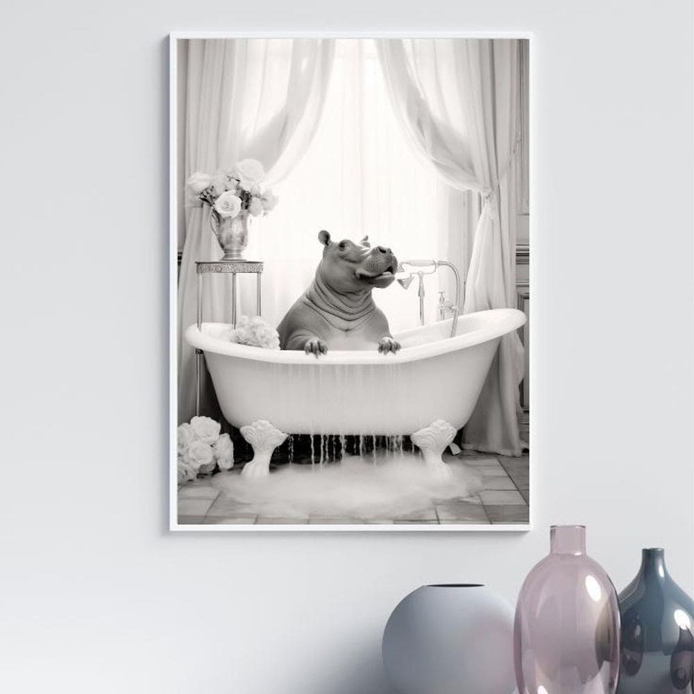 Quadro Para Banheiro Hipopótamo No Banho 33X24Cm