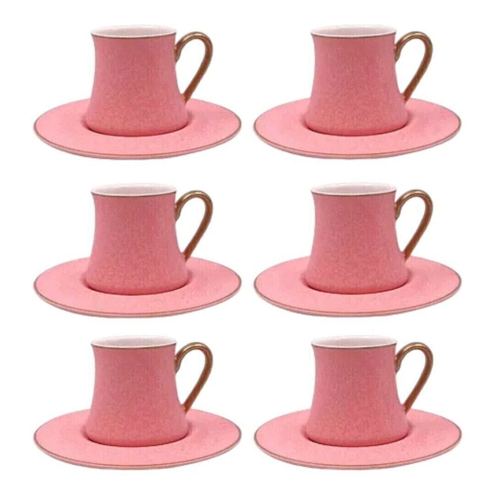Cj 6 Xícaras P/Café C/Pires de Porcelana Rosa C/Aça Dourada Galet 80ml L`Hermitage