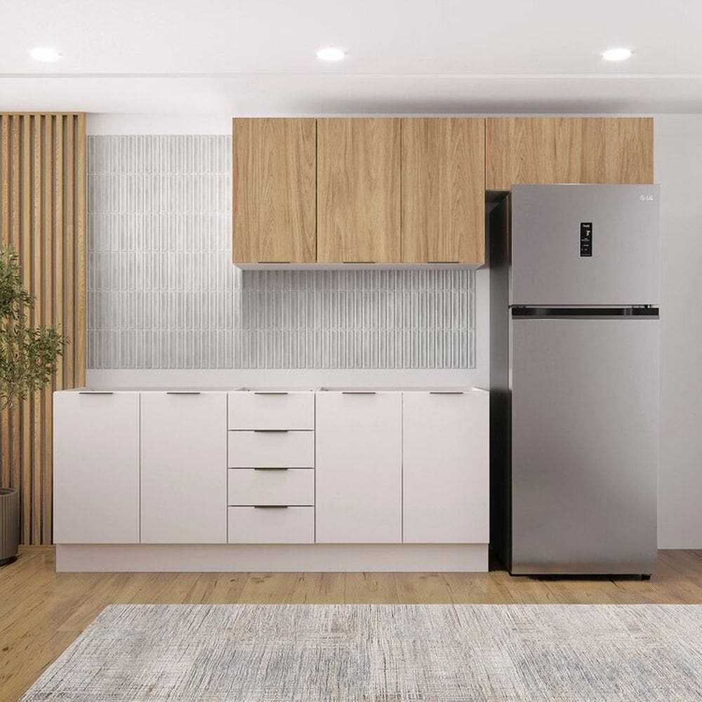 Cozinha Modulada 4 Peças sem Tampo com Rodapé 2 Aéreos e 2 Balcões Ipanema Cabecasa Madeiramadeira Branco/Acácia