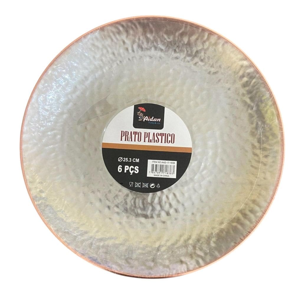 Kit 6 Pratos Redondo Transparente Acrílico Borda Rosê 25Cm