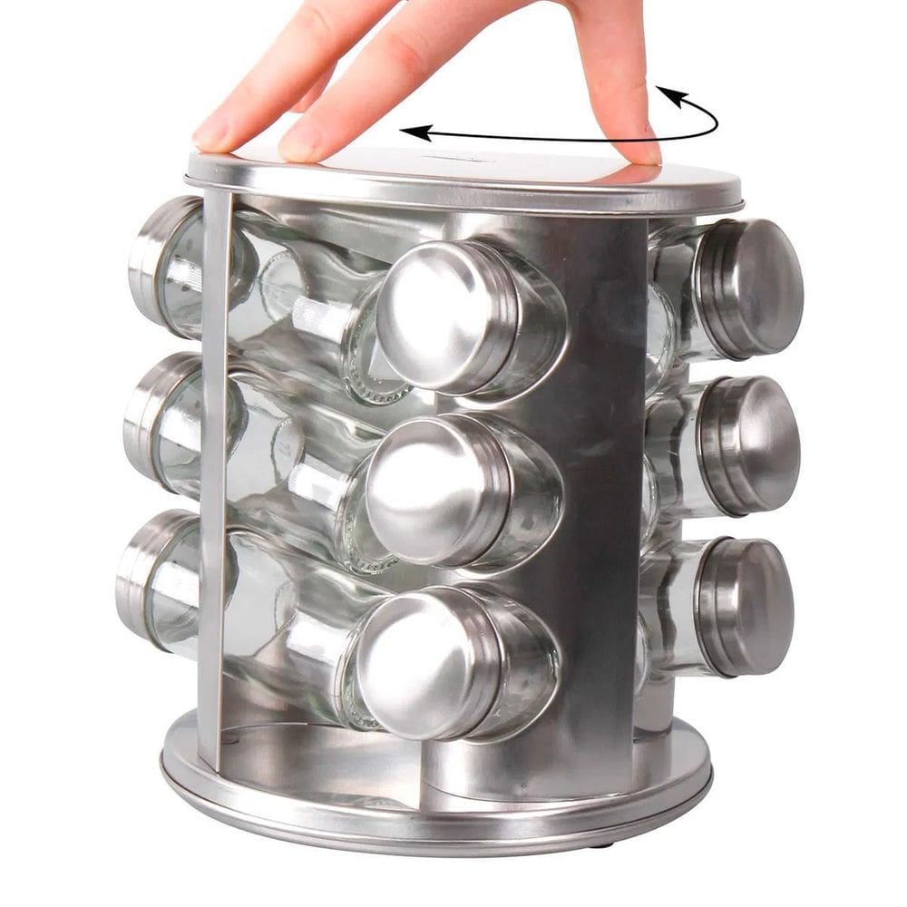 Conjunto Porta Temperos Vidro Giratório Tampa Inox