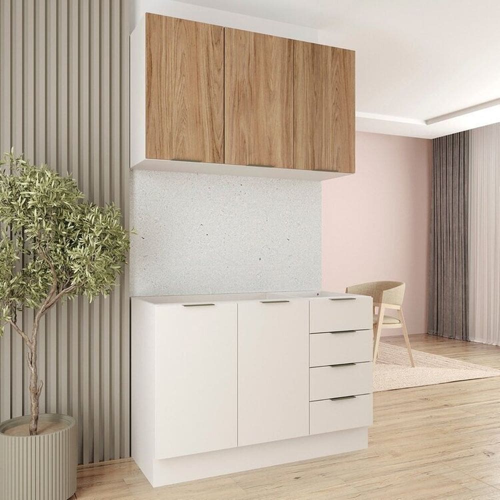 Cozinha Modulada 2 Peças sem Tampo com Rodapé 1 Aéreo e 1 Balcão Ipanema Cabecasa Madeiramadeira Branco/Acácia