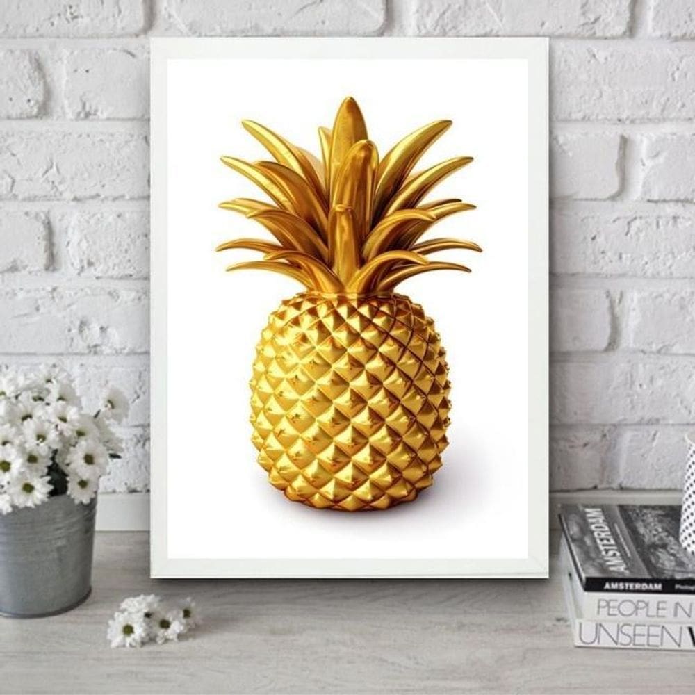 Quadro Para Cozinha Abacaxi Dourado 33X24Cm - Com Vidro