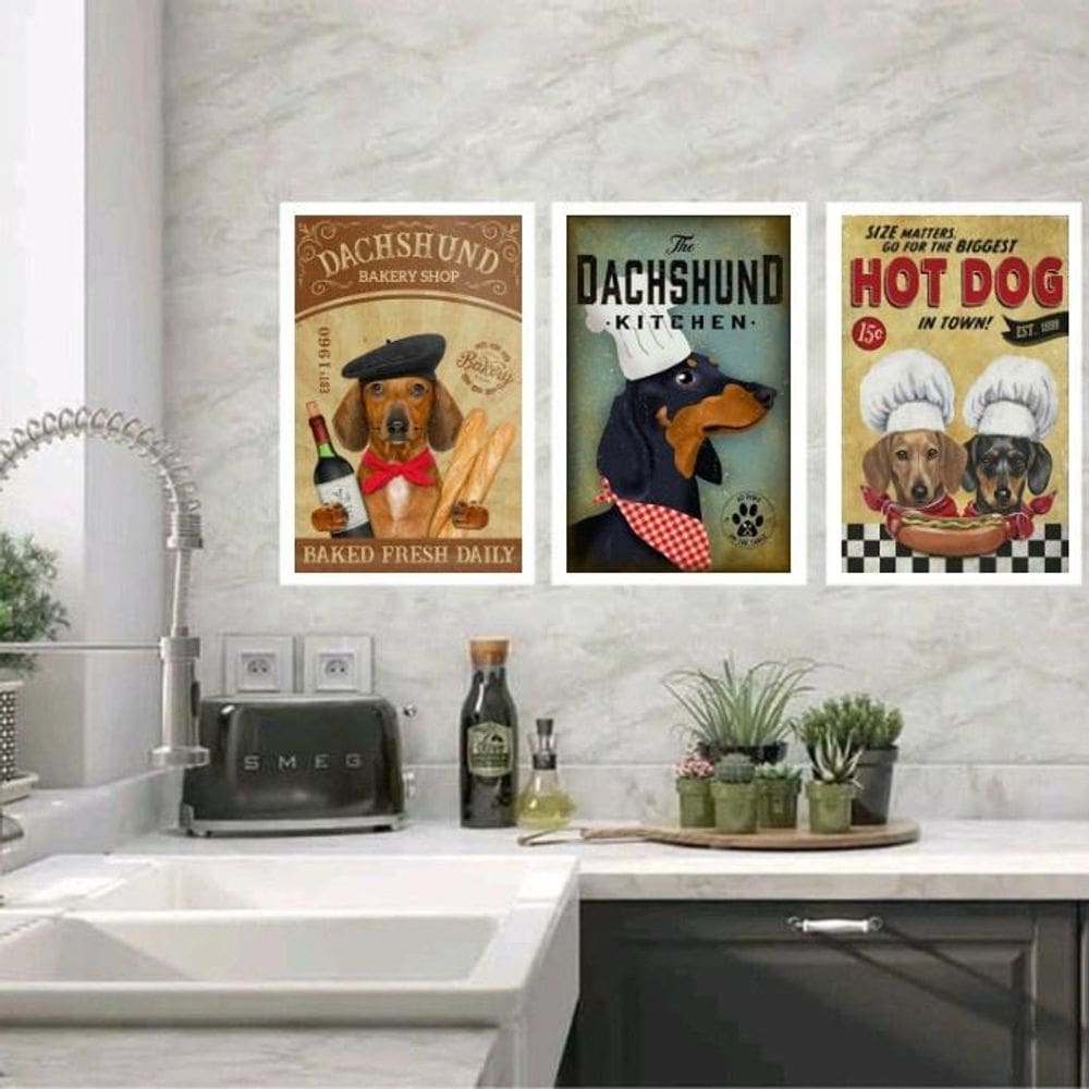 Kit 3 Quadros Para Cozinha Dachshund 33X24Cm