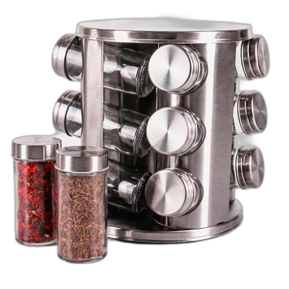 Conjunto Porta Condimento Giratório Vidro Tampa Inox