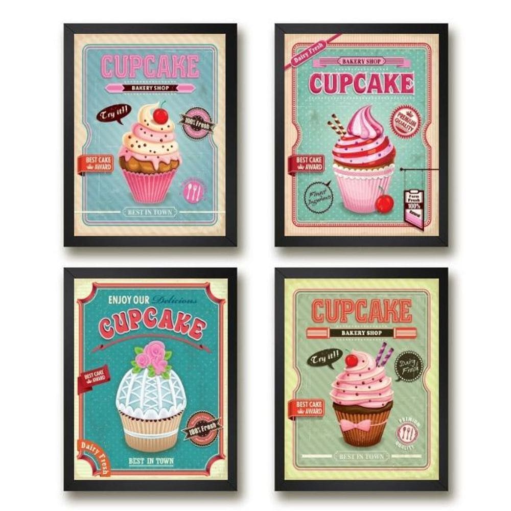 Kit 4 Quadros Para Cozinha - Cupcakes 33X24Cm