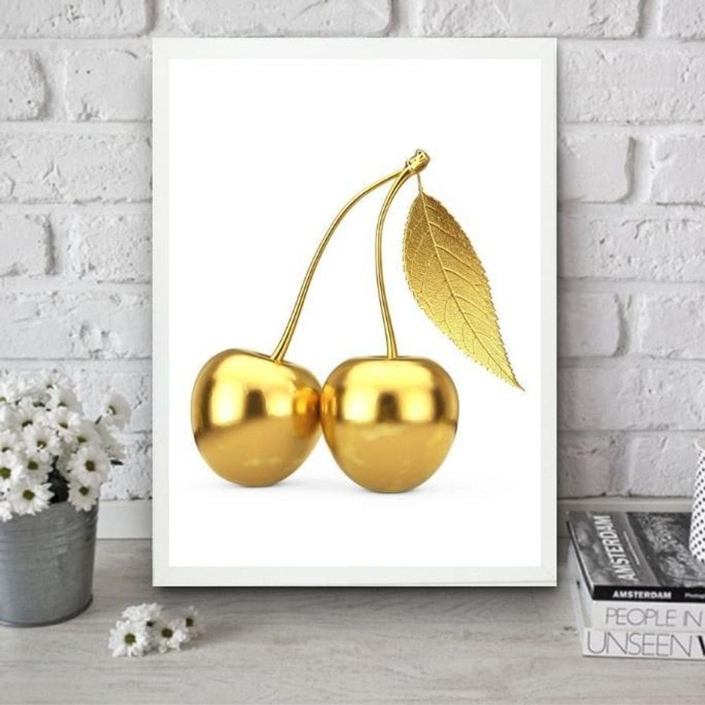Quadro Para Cozinha Cereja Dourada 45X34Cm