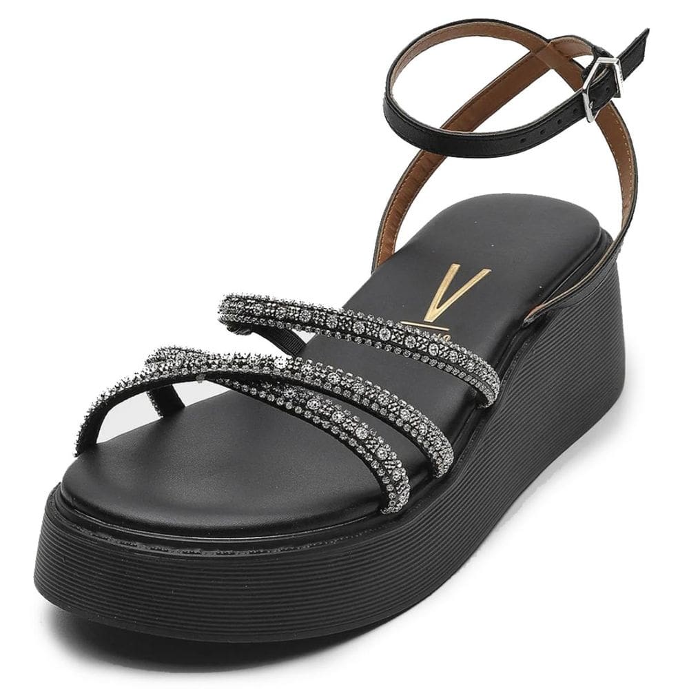 Sandália Anabela Vizzano Tiras Strass Feminina - Preto