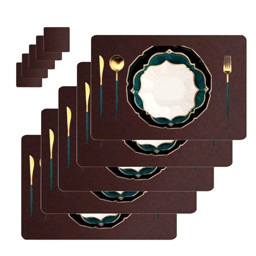 Jogo Americano Retangular 12 Pçs Couro + Suporte Para Copo