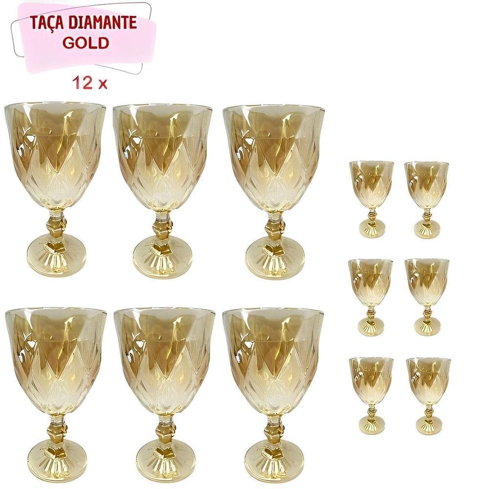 Jogo De Taças Vidro Suco Vinho Água Diamond 12Un Gold