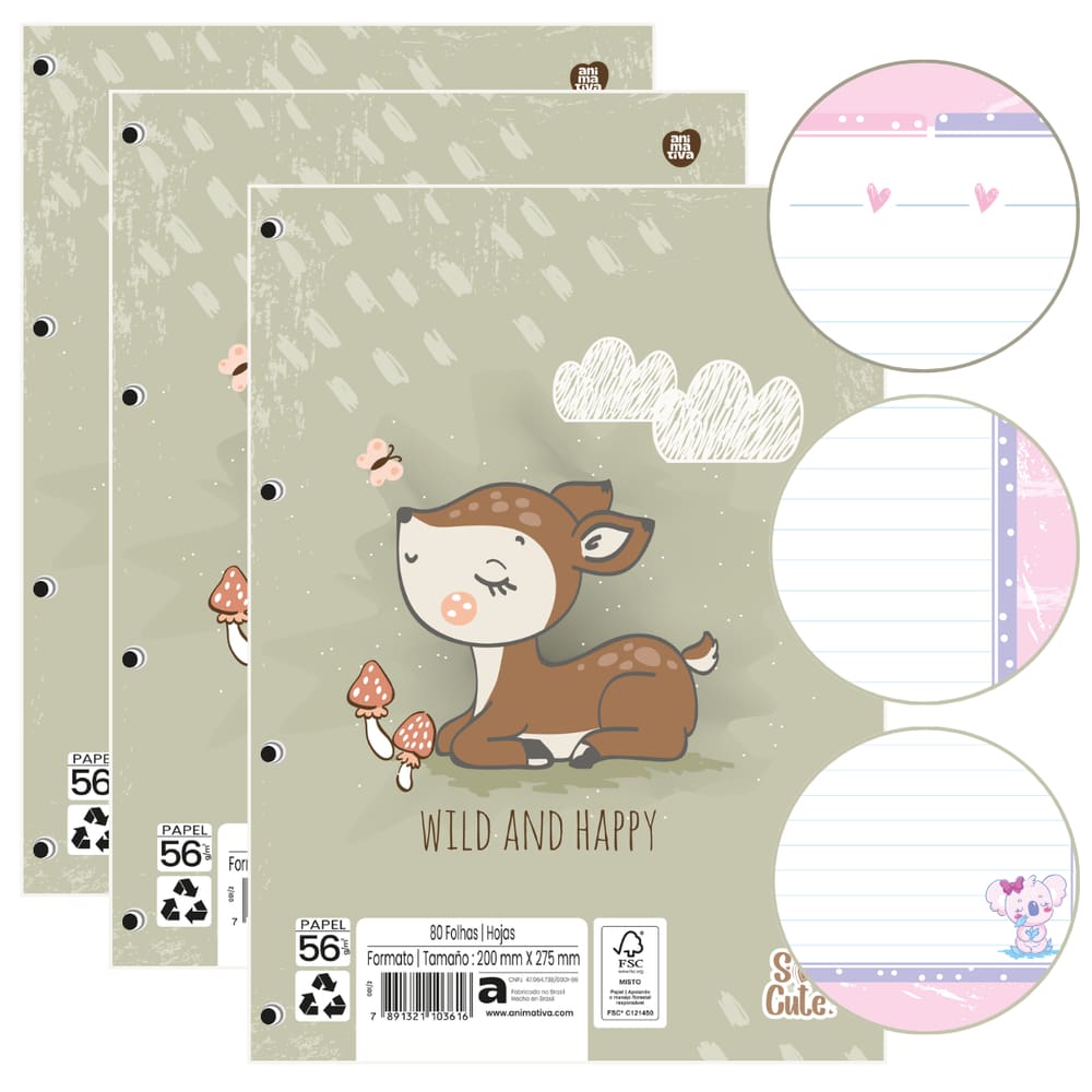 Kit 03 Blocos de Folhas de Fichário Caderno Argolado So Cute 80 Folhas Decoradas Animativa