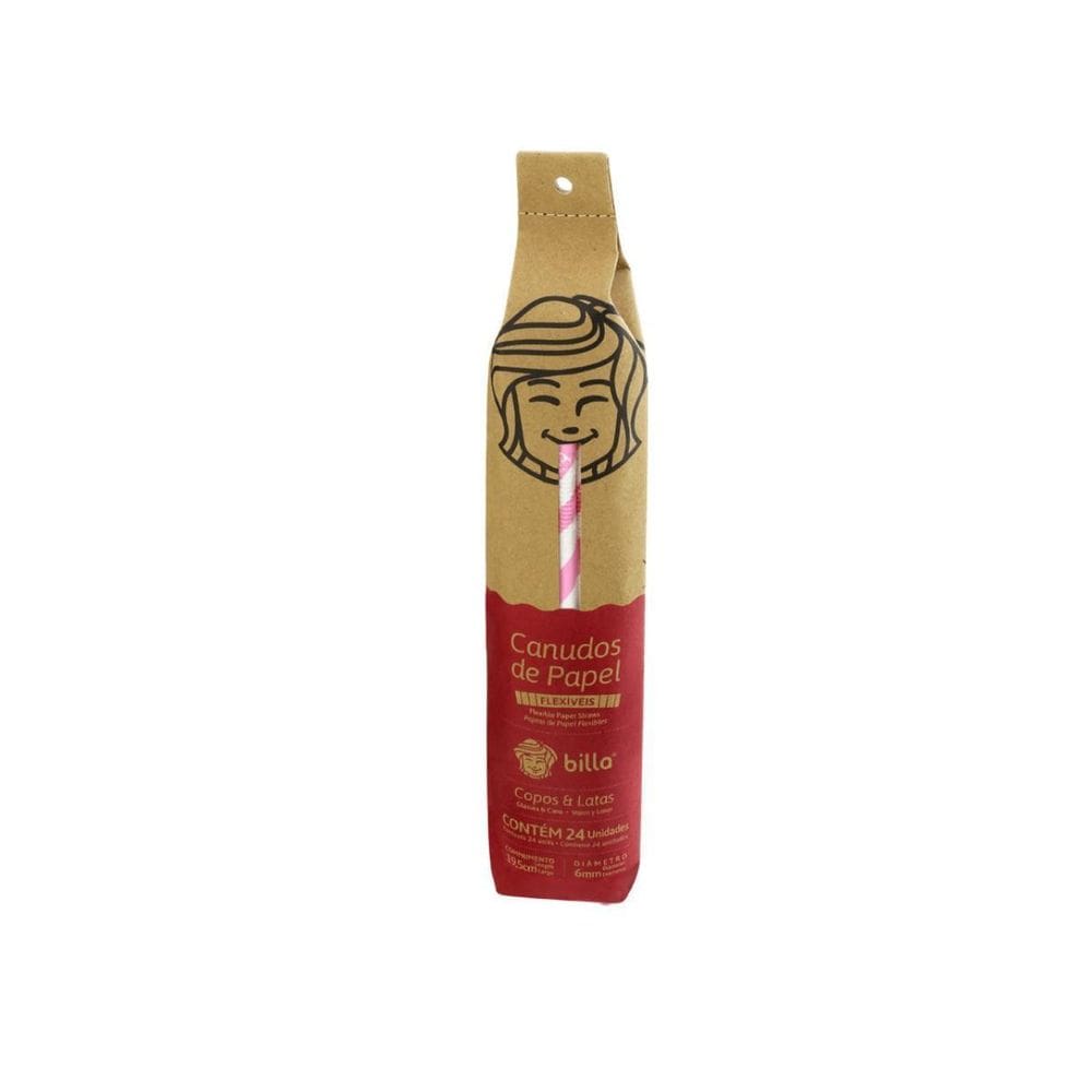 Canudo De Papel Billa Listrado Rosa Com 100Un 24,5Cmx6Mm