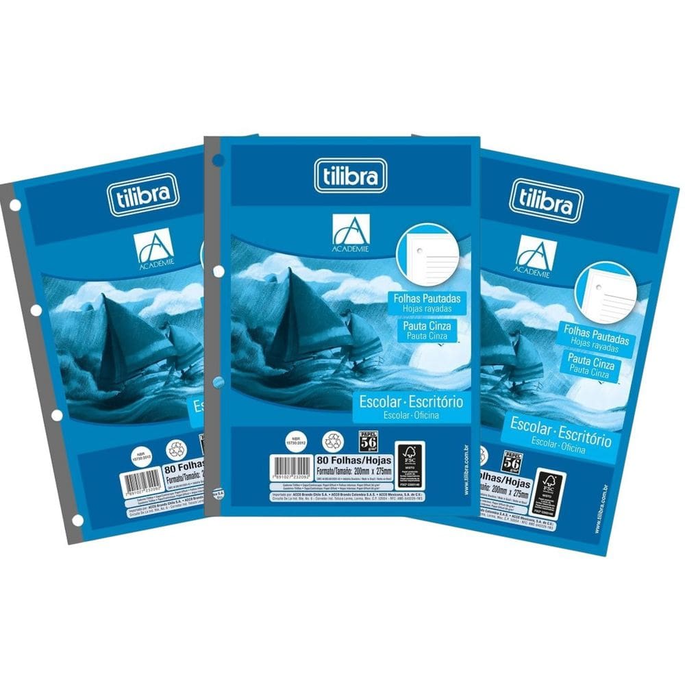 Kit 03 Refil Caderno Argolado Fichário Tiliflex Universitário Pautado Académie 80 Folhas Tilibra