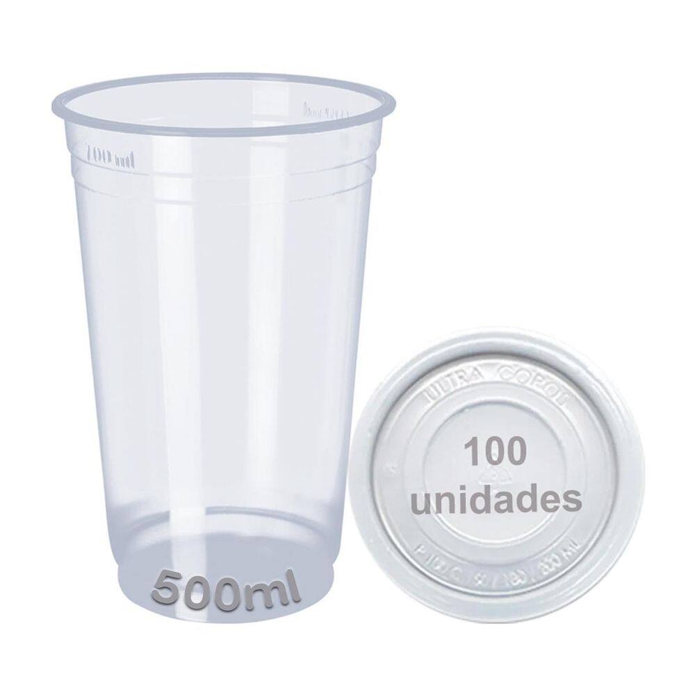 Copo E Tampa C/Furo 500Ml Descartável Liso C/100 Chopp Suco