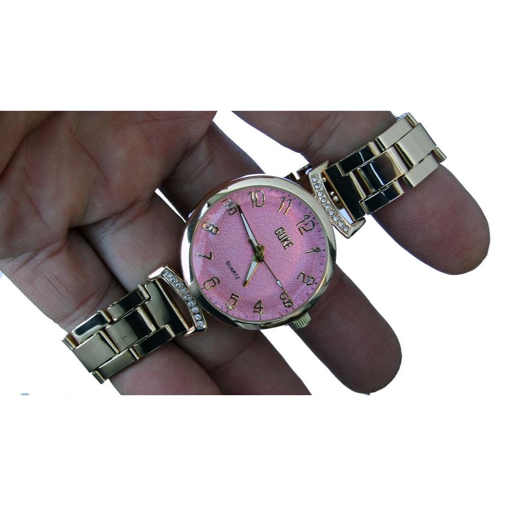 Relogio Feminino Dourado Fundo Rosa Quartzo