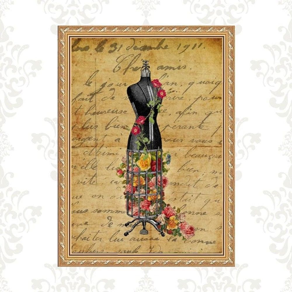 Quadro Moldura Dourada Manequim Costura Flores 24X18Cm