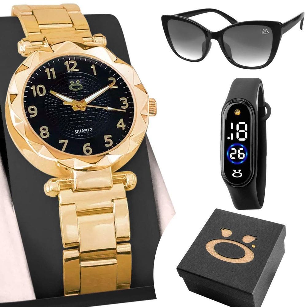 Relógio Feminino Banhado A Ouro + Relógio Bracelete + Óculos