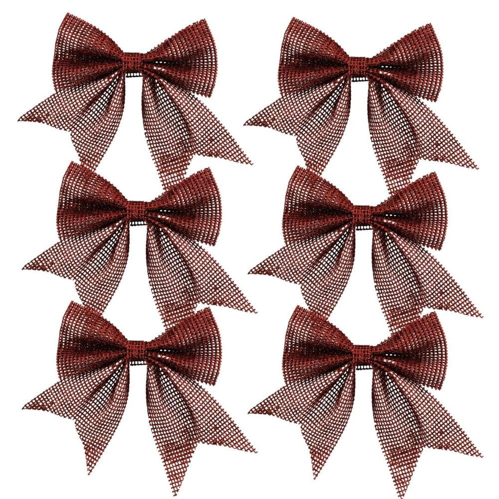 Jogo 6 Laços Telado Glitter e Lantejoula Vermelho Natal 10cm - Magizi