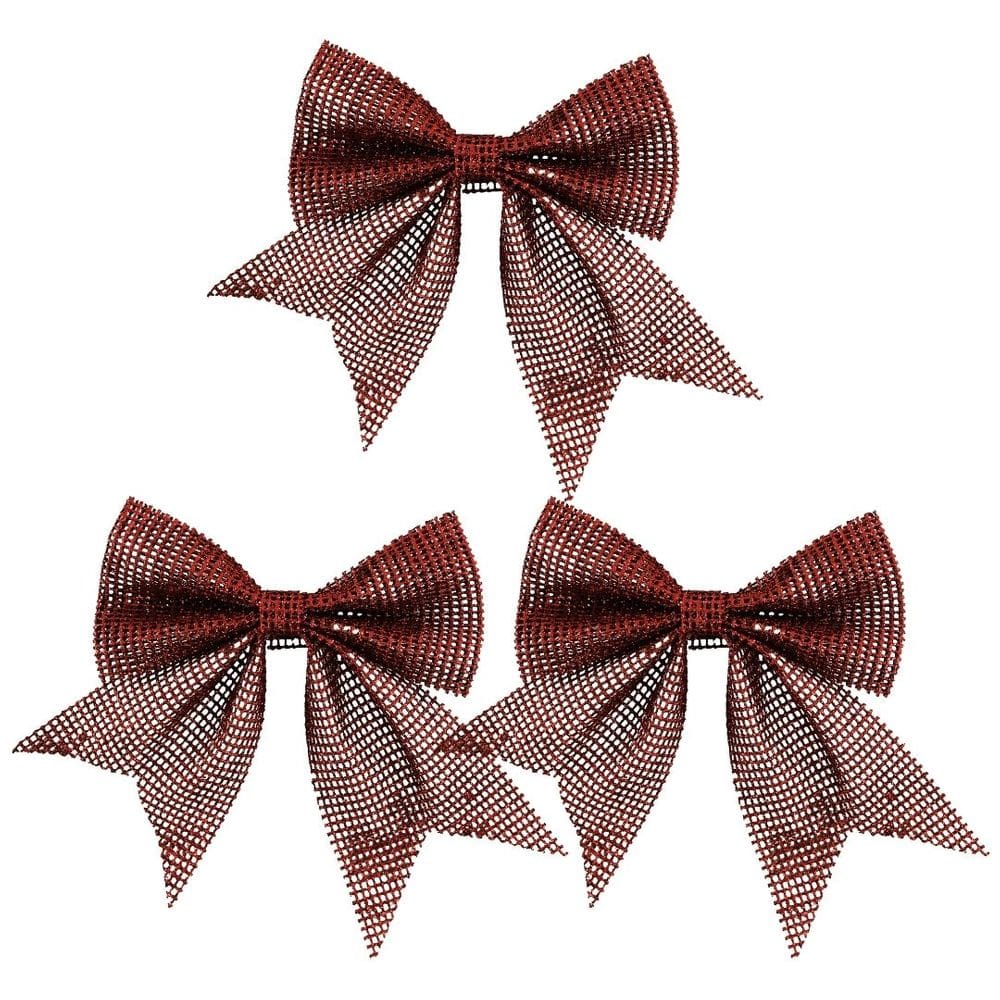 Jogo 3 Laços Telado Glitter e Lantejoula Vermelho Natal 10cm - Magizi