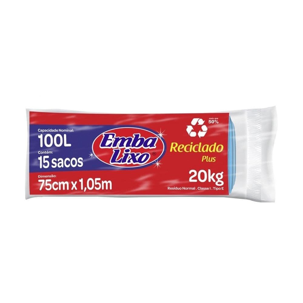 Saco Para Lixo Embalixo | Rolo Reciclado Plus Azul 100 Litros - Embalagem com 15 Unidades