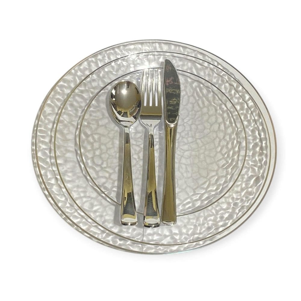 Kit Jantar 6 Pratos Acrílico Borda Prata 25Cm + 18 Talheres