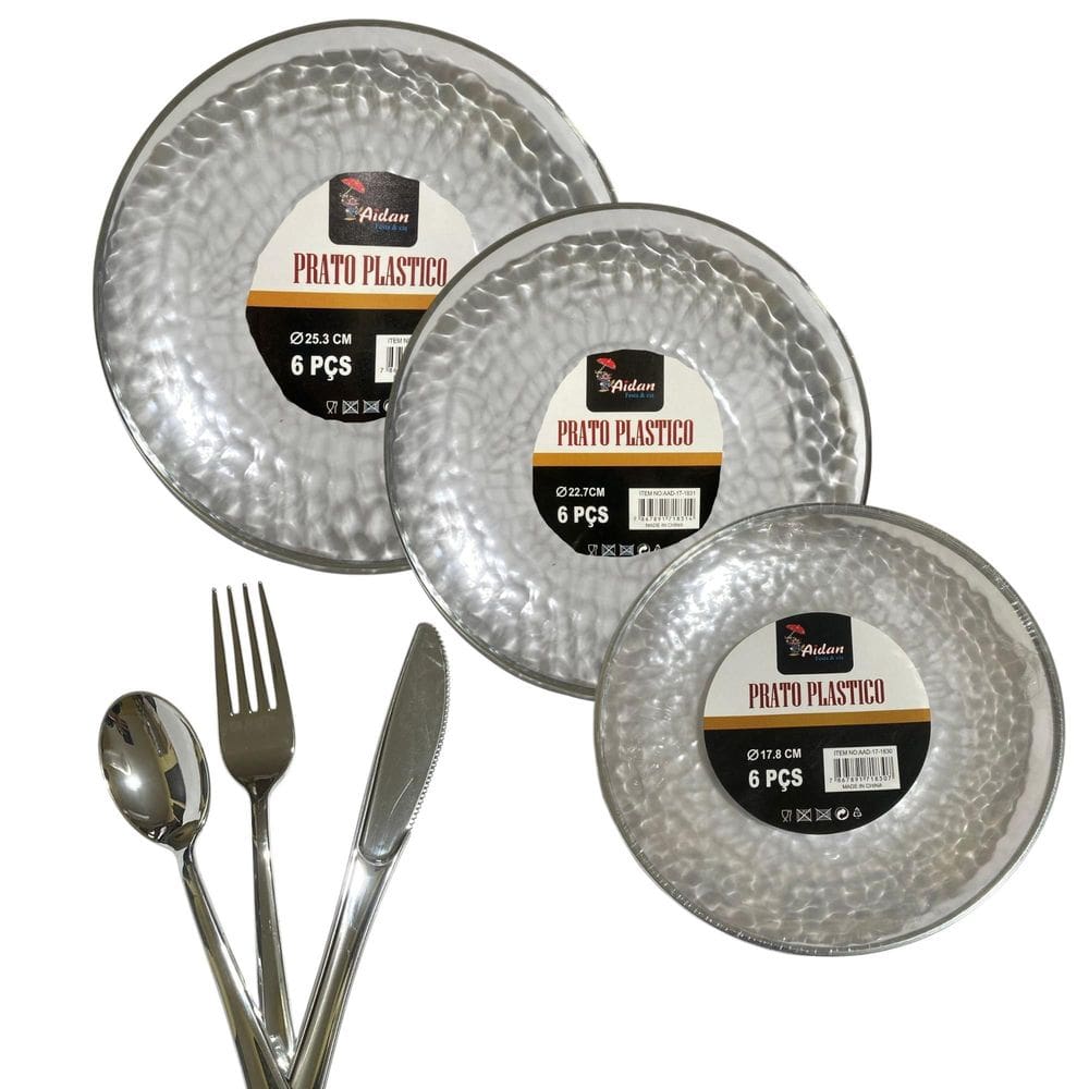 Kit Jantar 12 Pratos Acrílico Borda Prata 25Cm +36 Talheres