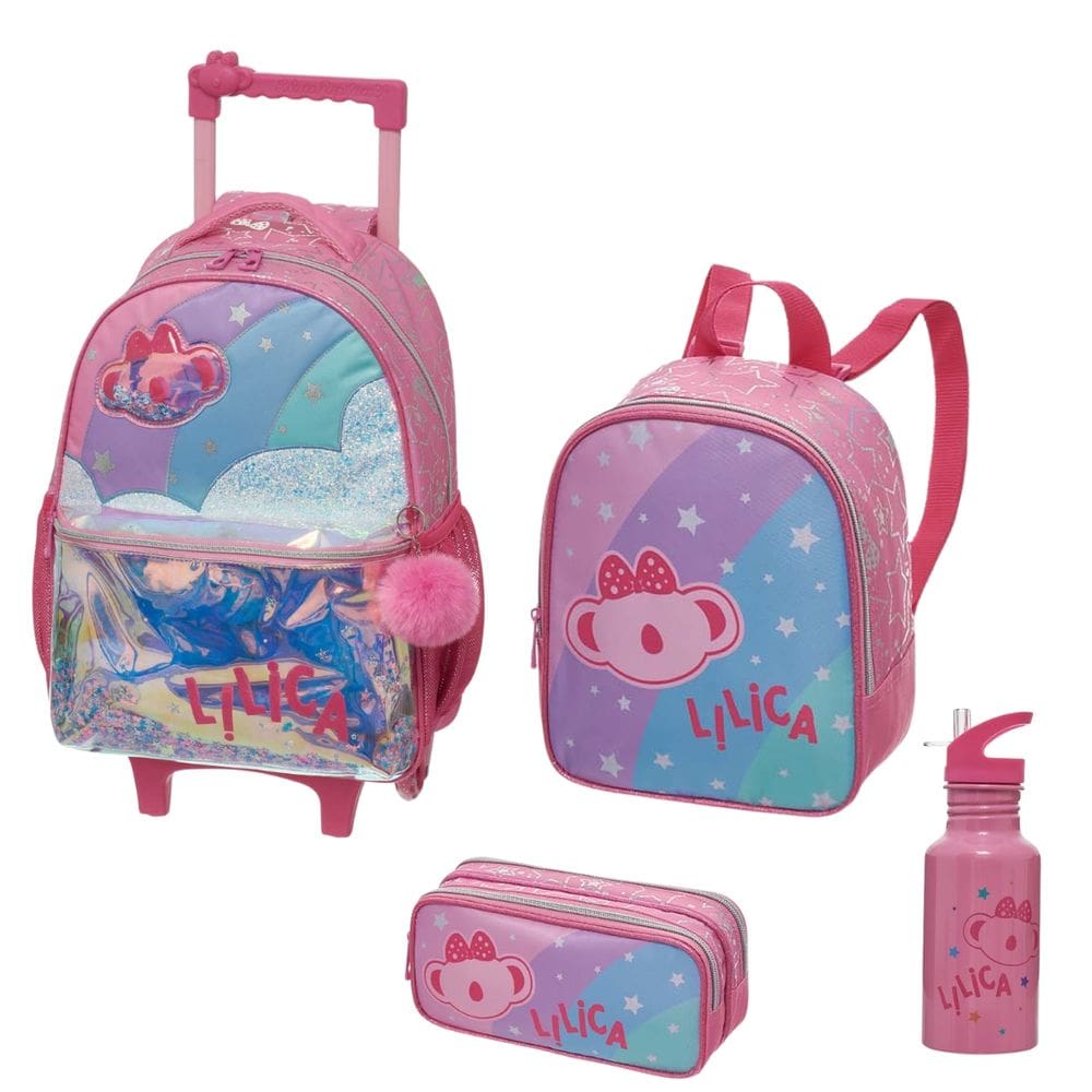 Kit Escolar Mochila Carrinho Rodinha Lancheira Térmica Estojo Duplo Garrafinha Lilica Ripilica Rosa Super Star