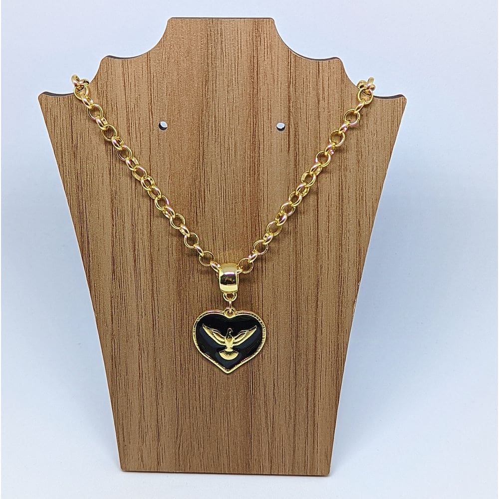 Colar Religioso Feminino Corrente Elo Português Folheado a Ouro Pingente medalha Coraçao Divino espirito santo Cordão
